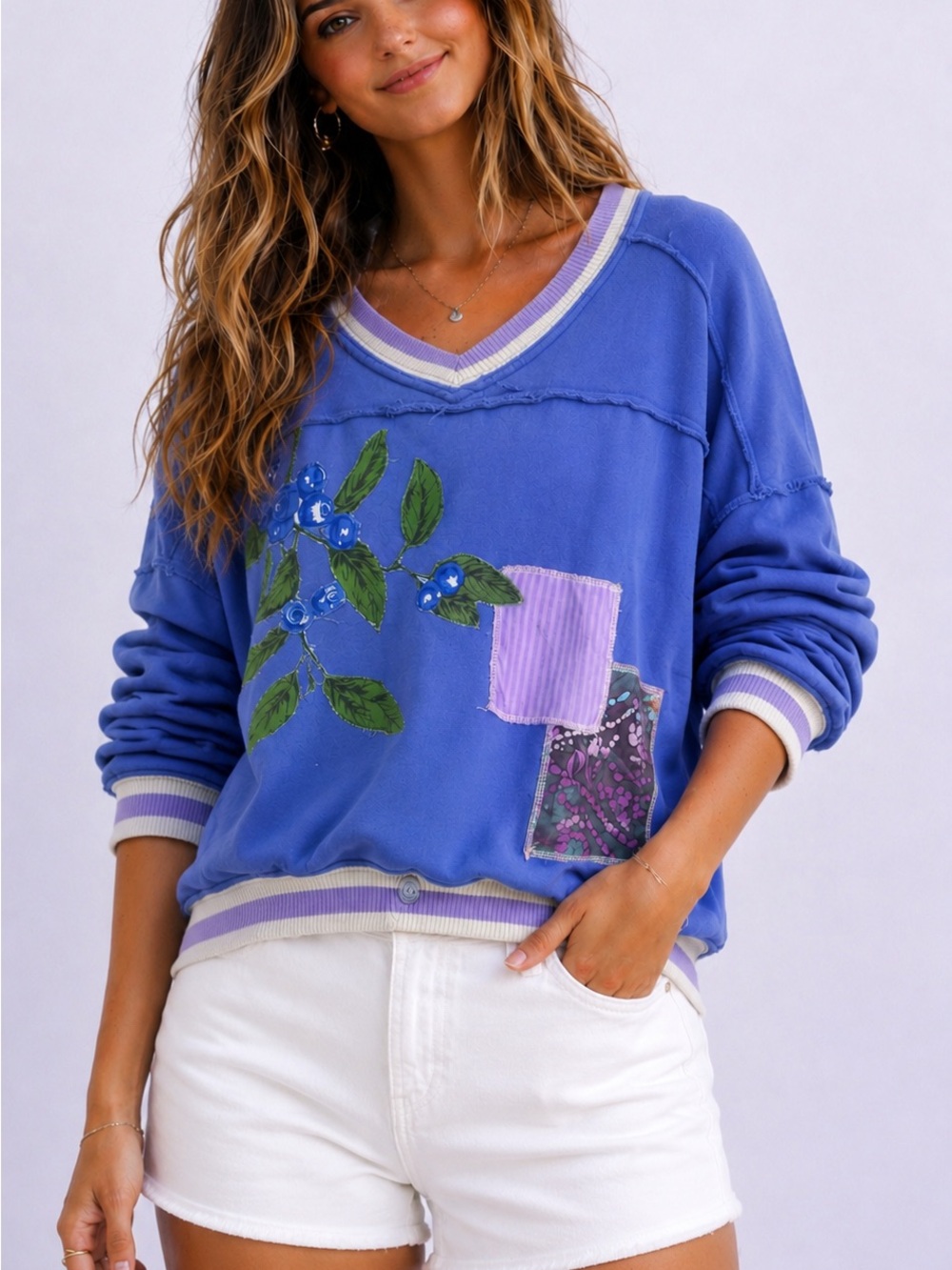 Upcycled Free People Lavender and Cream Ribbed V-Neck Sweatshirt